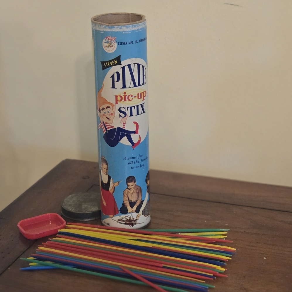 Vintage Pixie Pic-Up Stix Game - MID century In Original Can Multicolor